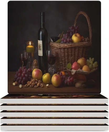 Vista 21 de 4 posavasos de vino tinto, cuadrados y modernos posavasos absorbentes de cerámica, estilo de pintura al óleo, vintage, vino tinto, uvas, rosa