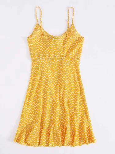 Vista 2 de Romwe Vestido de verano floral bohemio para mujer, con tirantes delgados, cuello en V, con volantes, nudo de lazo