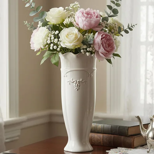 Vista 9 de hjn Jarrón de cerámica blanca – Florero francés para decoración de flores/decoración del hogar/cocina/mesa/sala/estante/repisa/oficina-altura 6.8