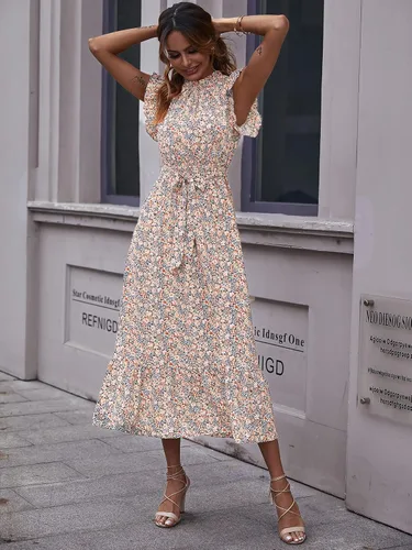 Vista 3 de MakeMeChic Vestido midi con cuello alto y volantes para mujer con mangas casquillo y cinturón