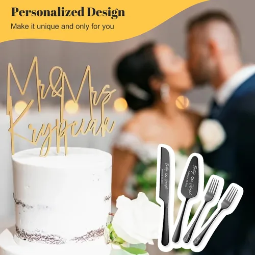 Vista 6 de Juego de cuchillos y servidores personalizados para tartas de boda, tenedores de acero inoxidable, cortador de tartas, juego de corte de pastel