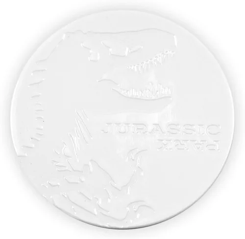 Vista 2 de Jurassic Park Tyrannosaurus Rex Logo Posavasos Posavasos de cerámica resistente de dinosaurio 4 pulgadas redondo