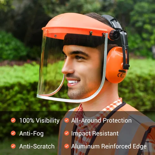 Vista 8 de Escudo facial de seguridad con combinación de protección auditiva, viene con malla y visera transparente para moler carpintería