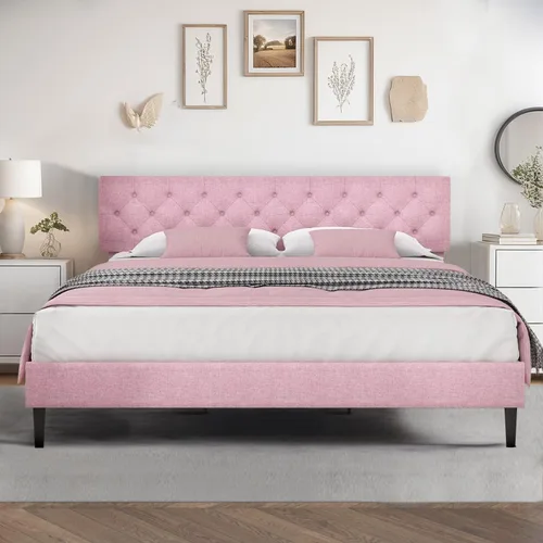 Vista 32 de HOMBCK Base de cama de tamaño individual con cabecera, base de cama tapizada con plataforma de lino para niños, base de cama de tamaño individual