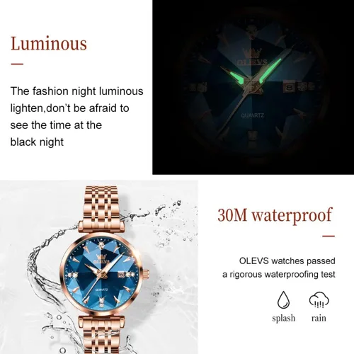 Vista 6 de OLEVS Relojes de mujer Vestido simple Reloj de mujer Reloj de acero inoxidable de oro rosa Reloj impermeable de cuarzo con fecha de lujo