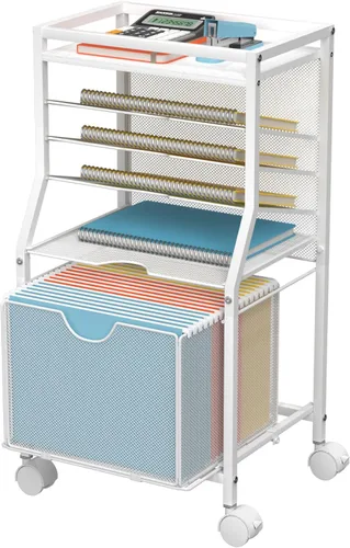 Vista 8 de BOHDK Carrito de archivos rodante, organizador de archivos de escritorio de 6 niveles con ruedas con cerradura, tablones de madera negra y cajón
