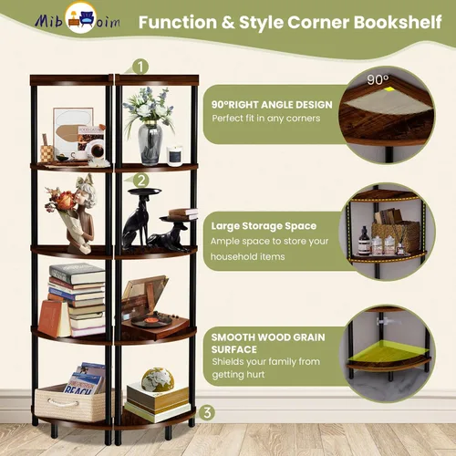 Vista 5 de Estante esquinero de madera de 5 niveles: estantería de esquina alta para sala de estar/dormitorio/baño/cocina/oficina en casa, estantes esquineros