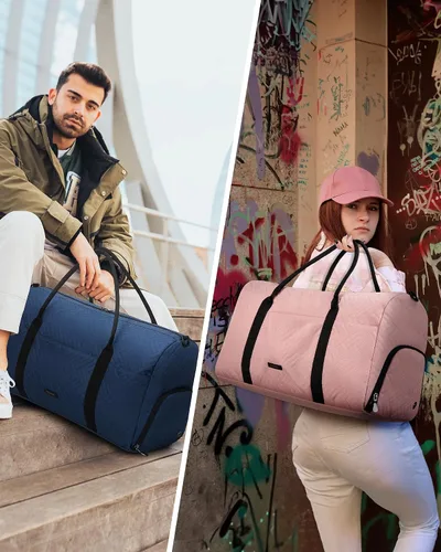Vista 2 de BAGSMART - Bolsa de viaje grande de 40 litros, bolsa de mano para hombres y mujeres, con compartimento para zapatos, color negro, Azul Marino-50L