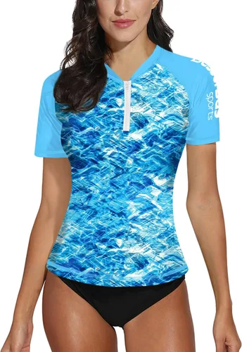 Vista 44 de BesserBay Camiseta de natación de manga corta con cremallera UPF 50+ para mujer, de secado rápido