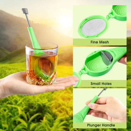 Vista 6 de 3 filtros de té de mango largo de plástico, infusor de té de malla con émbolo integrado, reutilizables, coladores de dos lados para té suelto, café