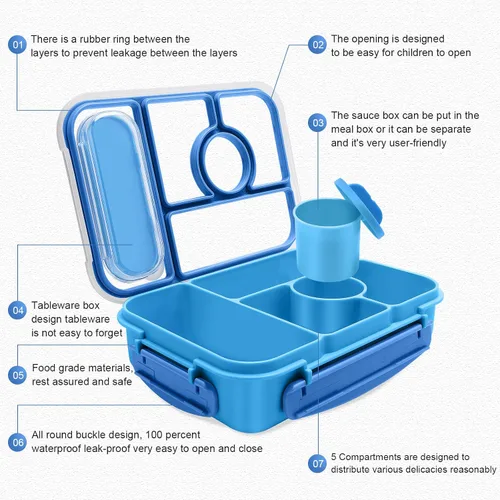 Vista 2 de Amathley Caja Bento para Adultos y Niños, Contenedores de Almuerzo para Adultos/Niños/Niños Pequeños, Caja de Almuerzo Bento de 5 Compartimentos