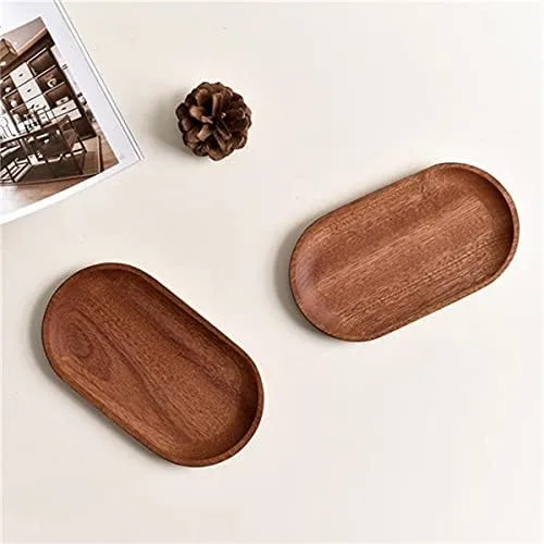 Vista 2 de Juego de 2 mini bandejas para servir joyas y monedas, bandeja ovalada de madera natural para postres, plato pequeño de queso de madera, bandeja