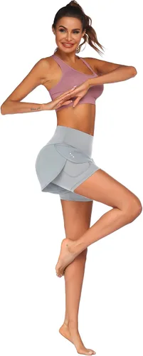 Vista 6 de Tremaker Pantalones cortos de entrenamiento 2 en 1 para mujer, cintura alta, gimnasio, yoga, trotar, atléticos con bolsillos