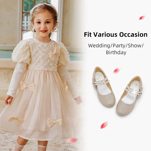 Vista 5 de Parrosoo Zapatos de vestir para niñas, zapatos Mary Jane, zapatos de ballet, zapatos de tacón bajo para niña, escuela, princesa, zapatos de boda