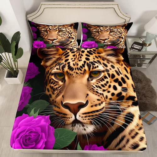 Vista 43 de Erosebridal Juego de sábanas bajeras de rosas rojas y leopardo, tamaño individual, diseño de animales africanos salvajes, diseño de plantas