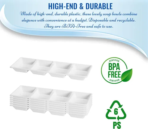 Vista 3 de Bandejas de alimentos de 4 secciones, platos desechables de plástico blanco para servir condimentos de postres, dulces, platos de frutas en rodajas