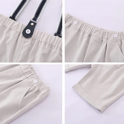 Vista 8 de Conjunto de traje de caballero de manga corta para bebé niño con corbatín + pantalones cortos con tirantes y pantalones cortos para bautizo festivo