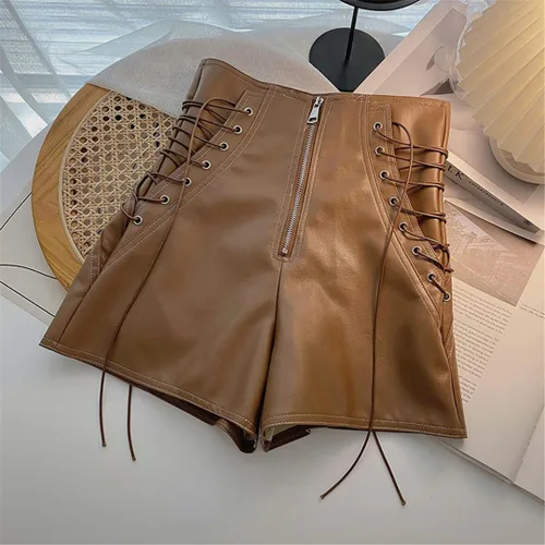 Vista 4 de Primavera Otoño Moda Una Línea PU Pantalones Cortos Mujer Slim Tie Pantalones Cortos De Cuero Todo Partido De Cintura Alta Pierna Ancha Pantalones