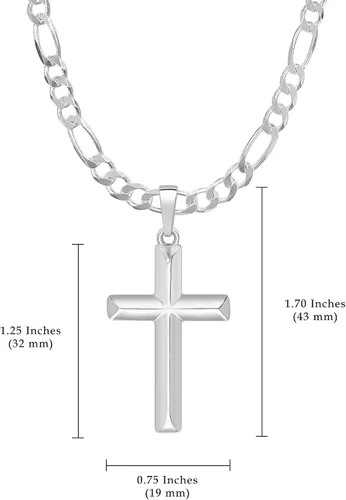 Vista 3 de Silver Shoppe Jewelry Mens Sterling Silver Cross Pendant Italian Figaro Chain Necklace