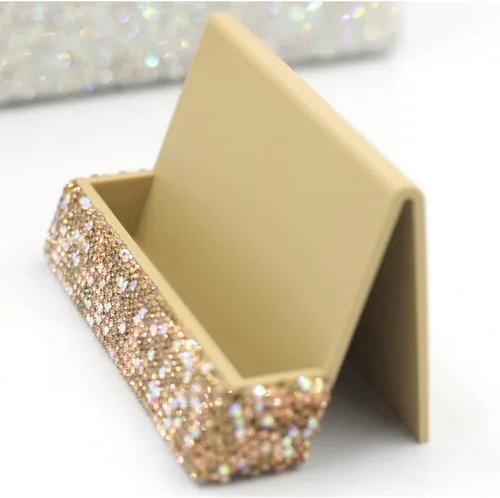 Vista 6 de Tarjetero de cristal con diamantes de imitación para escritorio, soporte de exhibición de tarjetas de visita de escritorio (dorado)