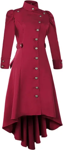 Vista 3 de Abrigo gótico medieval de esmoquin para mujer, gabardina, disfraz de rendimiento para Halloween (rojo, XXL), Rojo
