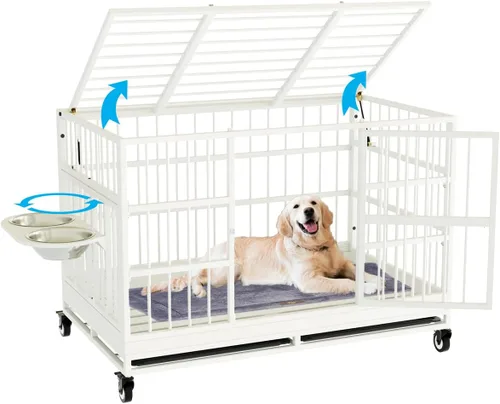Vista 8 de Snuowu Jaula para perros de alta resistencia de 42 pulgadas con ruedas, jaula indestructible a prueba de escapes para perros grandes, extragrande