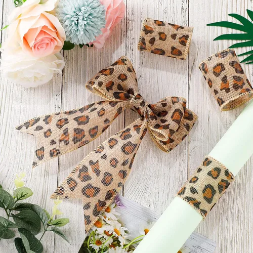 Vista 4 de WILLBOND Cinta estampada de guepardo de 10 yardas x 2.5 pulgadas, cinta de arpillera de leopardo de Navidad, tela de arpillera natural