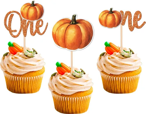 Vista 14 de Paquete de 24 adornos para cupcakes de calabaza para niños o niñas, con purpurina para revelación de género, calabaza, pies de bebé, para baby