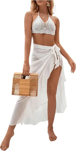 Vista 5 de OYOANGLE Traje de baño de malla transparente para mujer, con volantes, lazo lateral, pareo de playa, falda larga