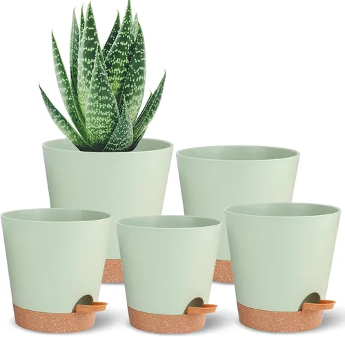 Vista 10 de Macetas de riego automático con orificio de drenaje y depósito, macetas grandes para plantas de interior y exterior, maceta de plástico