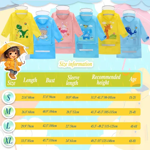 Vista 5 de Impermeable para niños y niñas, poncho de lluvia con capucha, impermeable, reutilizable, EVA, ropa impermeable para niños de 2 a 12 años