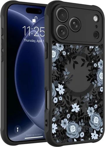 Vista 84 de Magnético para iPhone 13 con protector de pantalla [Compatible con MagSafe] Diseño de patrón floral de flores bonitas, funda delgada a prueba