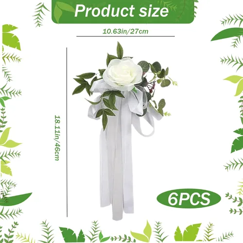 Vista 6 de Decoraciones de pasillo para ceremonia de boda, 6 piezas de rosas artificiales para decoración de pasillo de boda con cintas, decoración floral
