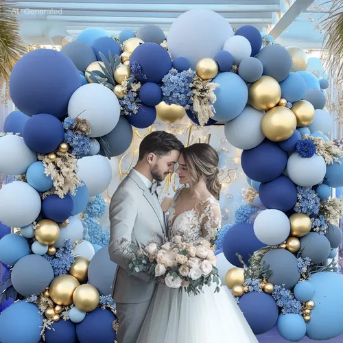 Vista 6 de Kit de Arco de Globos Azul Polvoriento Dorado, Kit de Arco de Globos Pastel de Doble Relleno Azul Claro Azul Oscuro Mezclilla Azul Pálido con Globos