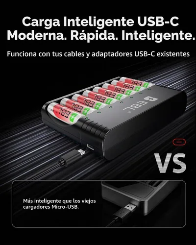 Vista 3 de EBL Cargador inteligente de 8 ranuras para AA/AAA, cargador rápido tipo C