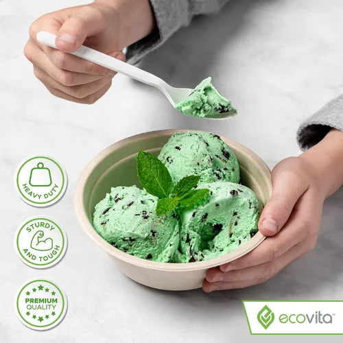 Vista 4 de Ecovita Cuencos de Papel 100% Compostables [12 oz.] – 150 Cuencos Desechables Ecológicos Resistentes Sin Árboles Resistentes a Líquidos y Calor