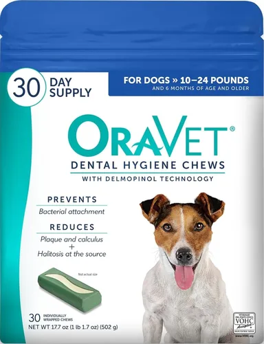 Vista 10 de OraVet Masticables de higiene dental para perros pequeños, cuidado bucal con delmopinol, sabor a vainilla, 14