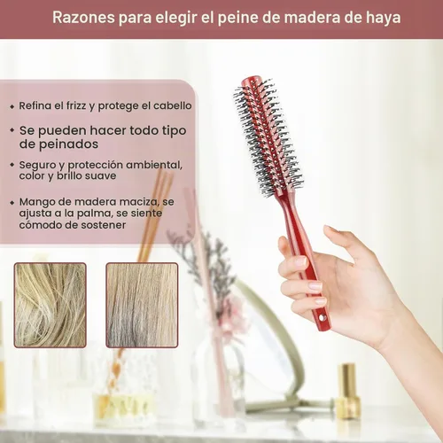 Vista 3 de Peine redondo con mango de madera original hecho de madera de haya pura, cerdas de nailon suaves, para todos los estilos de cabello, cepillo