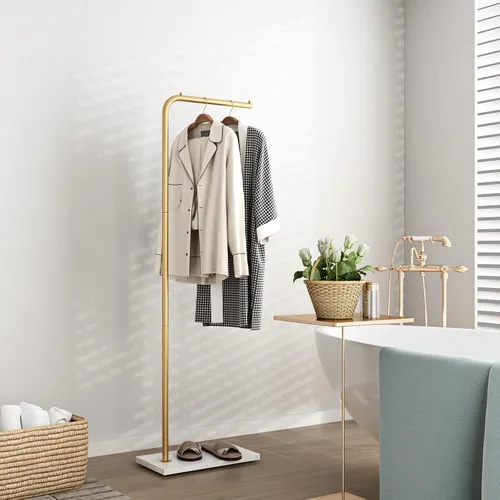 Vista 6 de Percheros de metal dorado, perchero de pie con base pesada, moderno árbol de abrigo con barra transversal y 3 ganchos, percheros de entrada