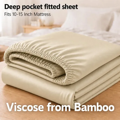 Vista 2 de Royal Tradition Sábana bajera ajustable de viscosa de bambú, tamaño individual XL, bolsillo profundo, sábanas extremadamente suaves, beige sólido