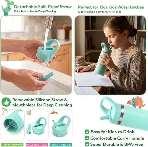 Vista 3 de Hydraful Botella de agua para niños de 12 onzas con tapa de pajilla, botella de acero inoxidable aislada al vacío, botella de agua deportiva sin BPA