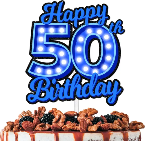 Vista 10 de Decoración de pastel de cumpleaños 10 con purpurina azul Let's Glow Crazy Party Theme Decor Supplies Men Women Happy Birthday 10 Anniversary Party