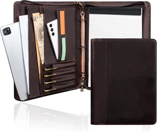 Vista 14 de Portafolio Personalizado de Cuero con Nombre Grabado, Organizador de Negocios Profesional con Cremallera para Hombres, Carpeta de Anillas