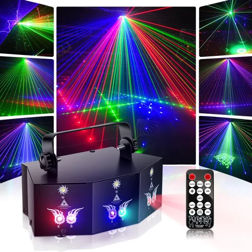 Vista 9 de U`King Luces de fiesta DJ Disco, 9 lentes, soporte de iluminación de escenario DMX512 y sonido activado con control remoto, luces láser