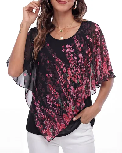 Vista 9 de Lotusmile Blusas elegantes de gasa tipo poncho para mujer 25 impresiones punto negro