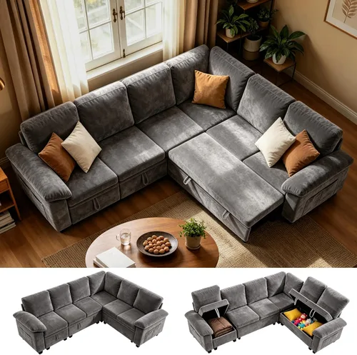 Vista 9 de 86" L-Shaped Sectional Sleeper Couch, Modular Pull-Out Storage Sofa Bed Green