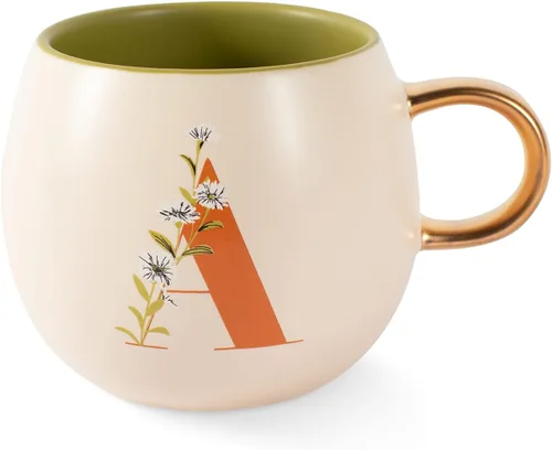 Vista 11 de Fringe Studio Taza Redonda de Gres, Monograma Floral Letra "E" 3.38" DIA. X 3.5"H, 14 fl.oz., con Asa Dorada Pintada a Mano (428047)