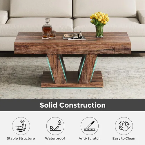 Vista 6 de Mesa de centro Farmhouse de 43 pulgadas con almacenamiento, color marrón Wood Center Tea Table with Hidden Storage, Rectangle Cocktail Table for