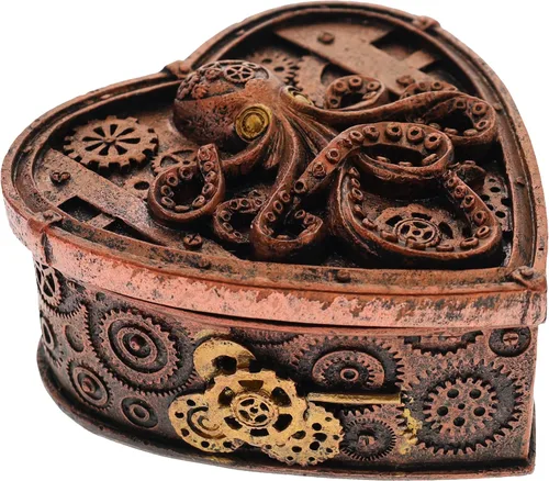 Vista 3 de Top Brass Steampunk - Joyero con forma de corazón de pulpo pequeño, decoración gótica ecléctica inusual (cobre rústico)