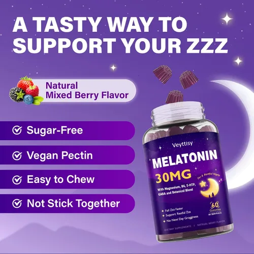 Vista 8 de Gomitas de melatonina de 30 mg para adultos, gomitas de melatonina sin azúcar, máxima fuerza con magnesio, B6, GABA y mezcla botánica, sin hábito